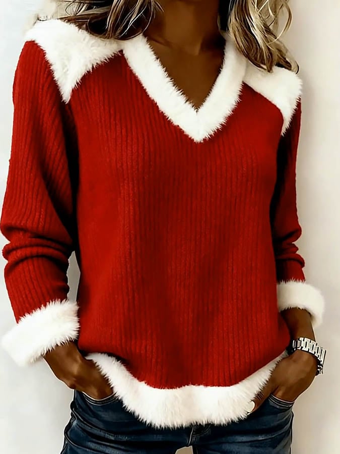 Women'S V-Neck Color-Blocked Sweatshirt