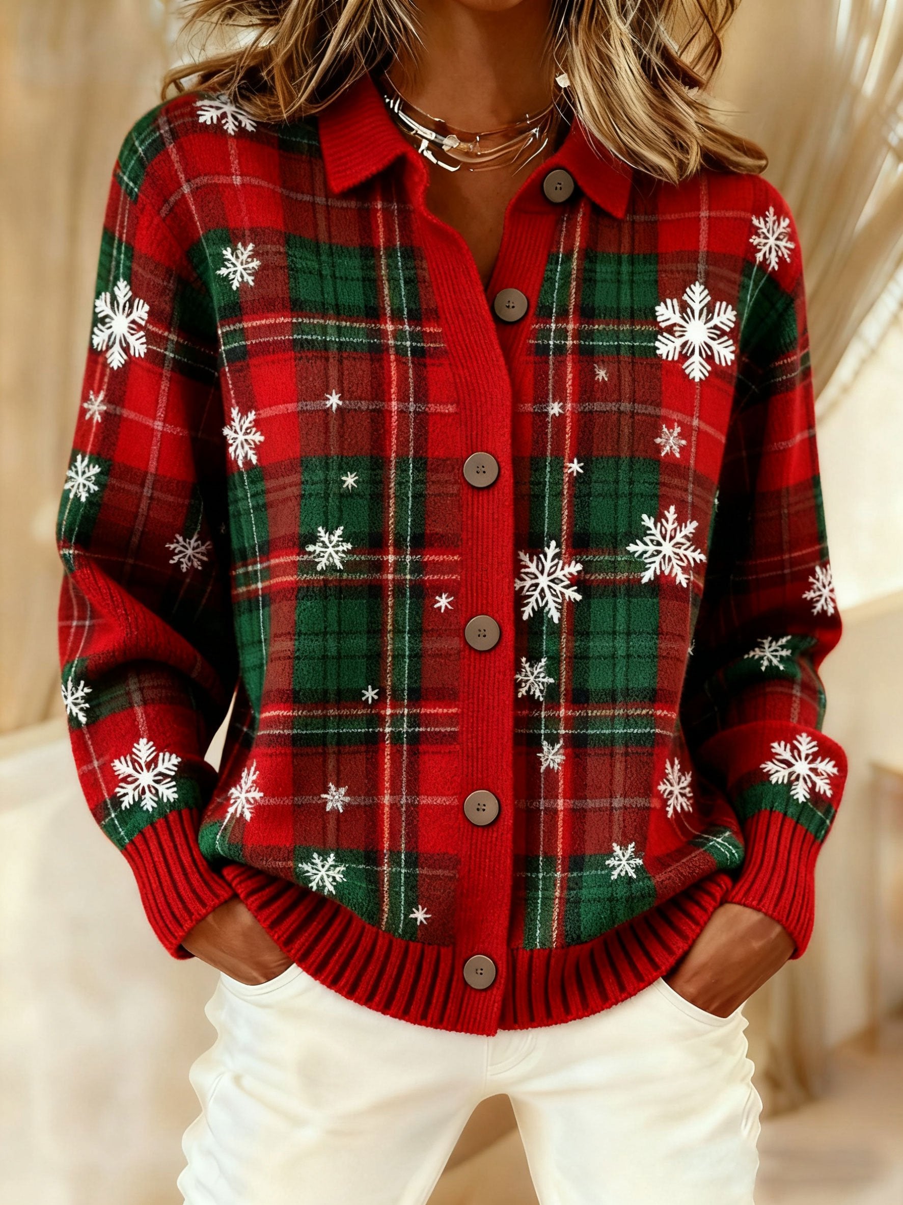 Women's Christmas Casual Collared Knit Cardigan