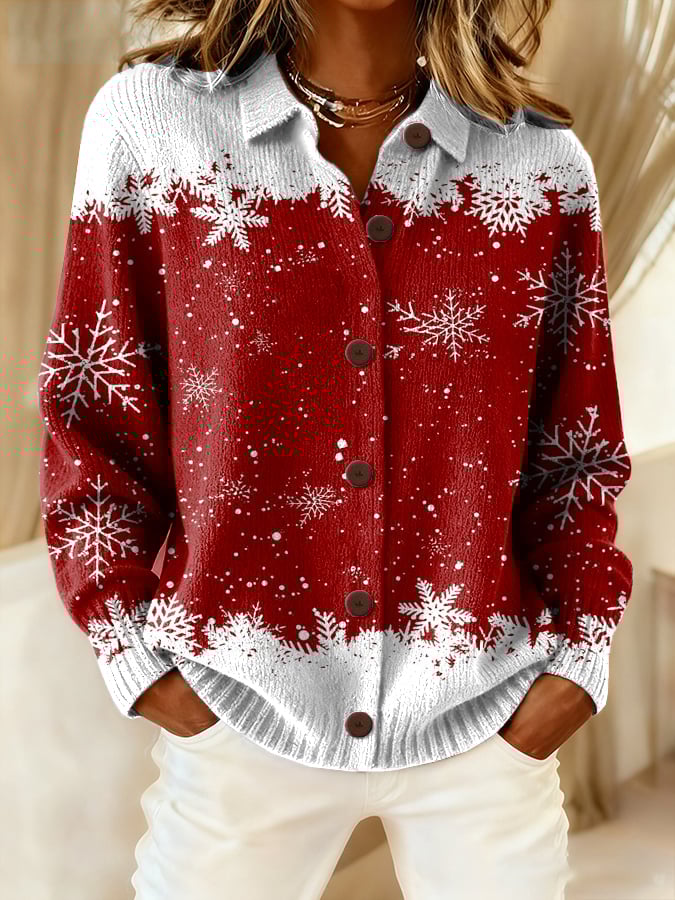 Women's Christmas art design Printed Knitted Lapel Button-Down Cardigan
