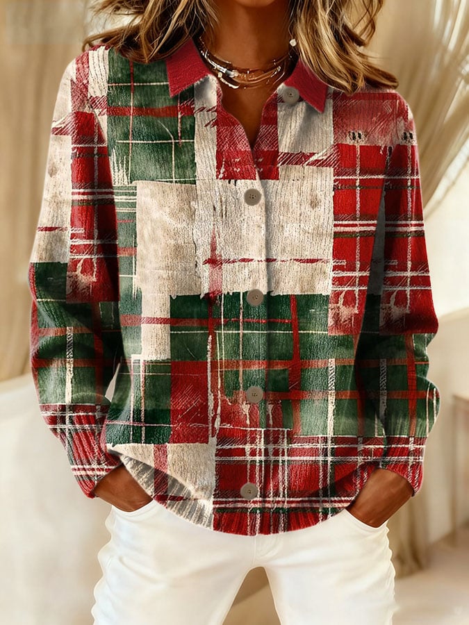 Women'S Plaid Print Casual Collared Knit Top