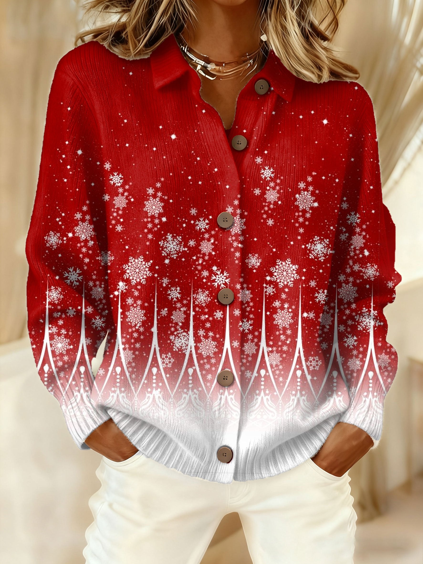 Women's Christmas Casual Collared Knit Cardigan